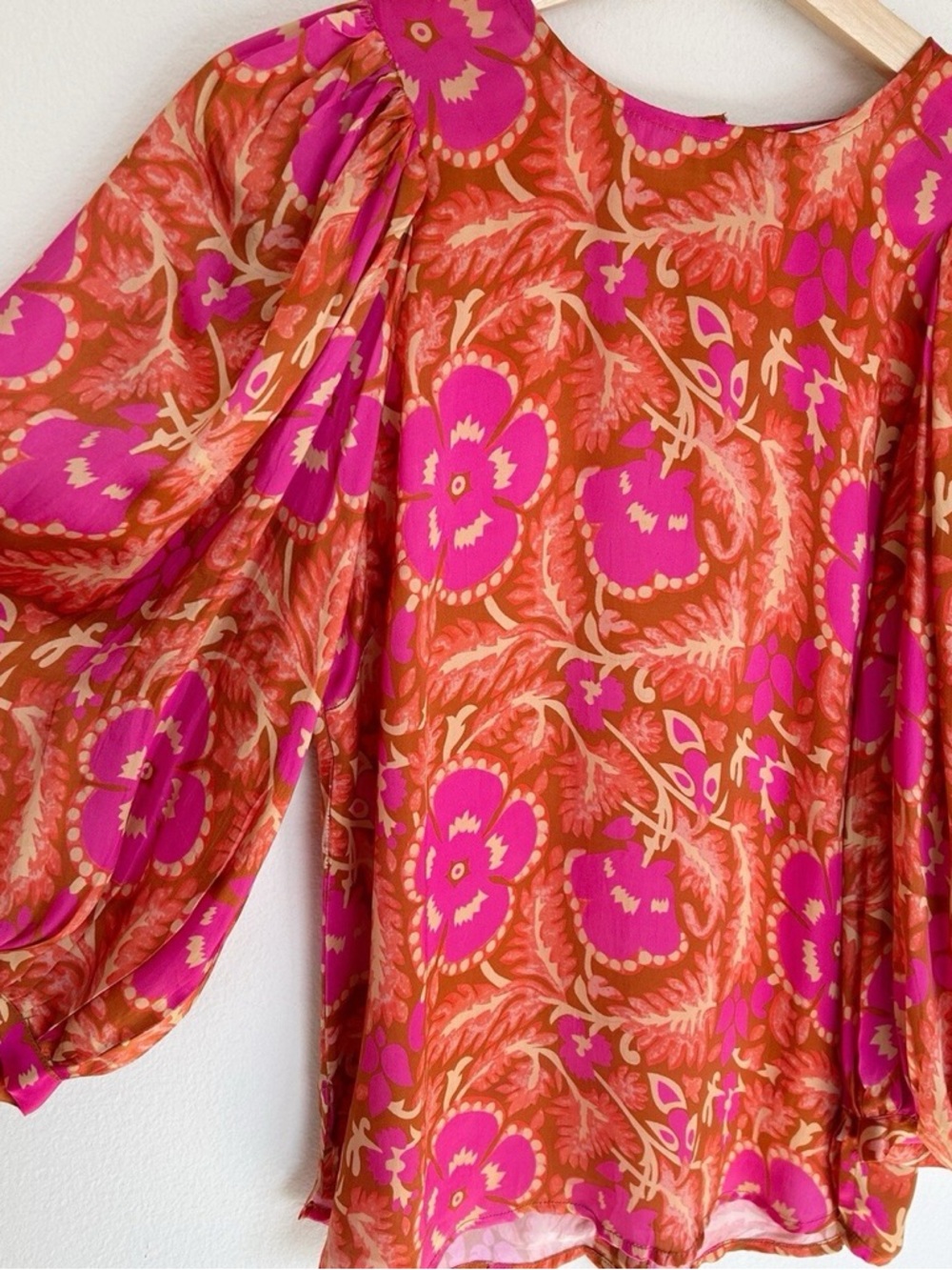 Cleobella Pink and Orange Floral Balloon-Sleeve Blouse